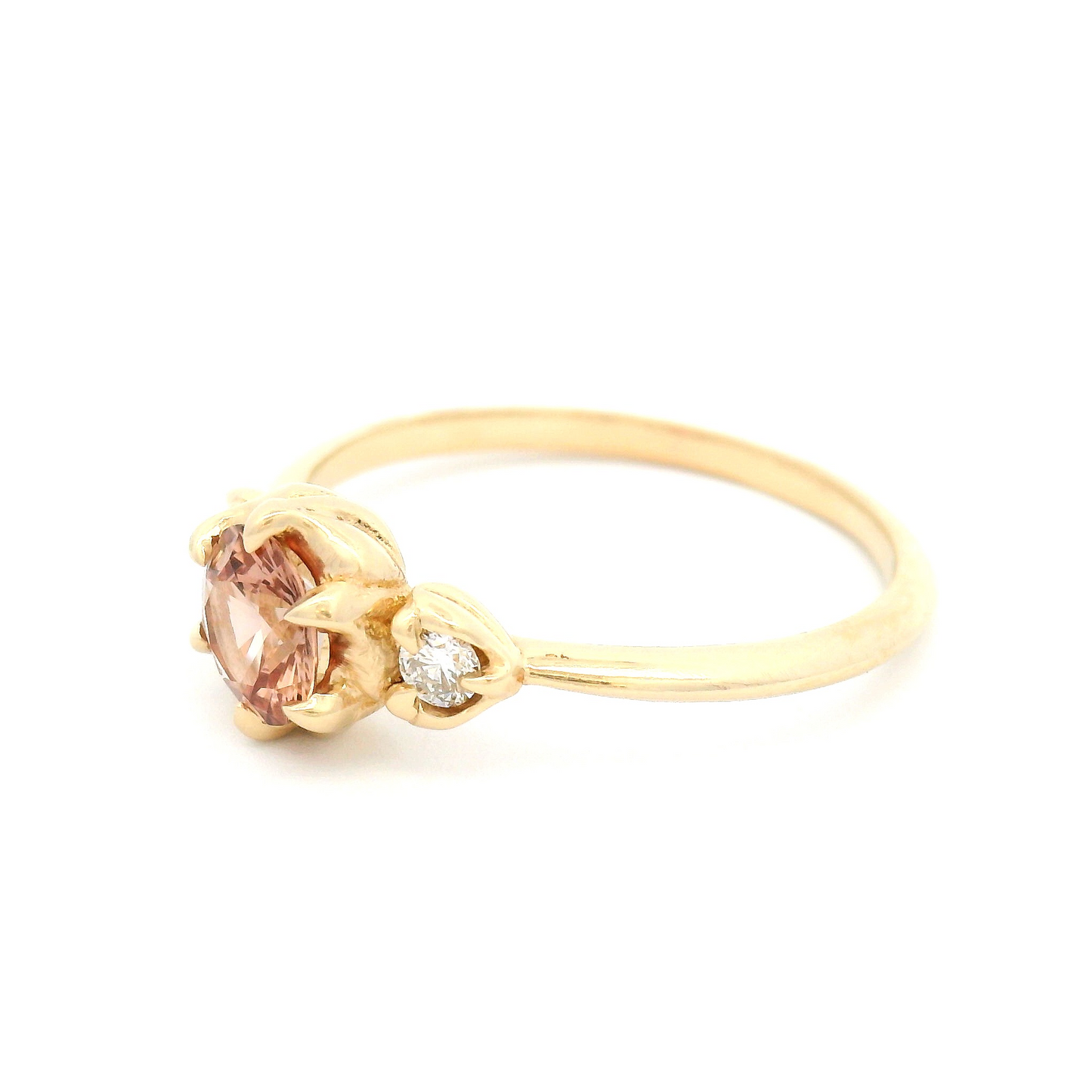 14k Yellow Three Stone Engagement Ring with 1.0ct Peach Sapphire and Accent Diamonds