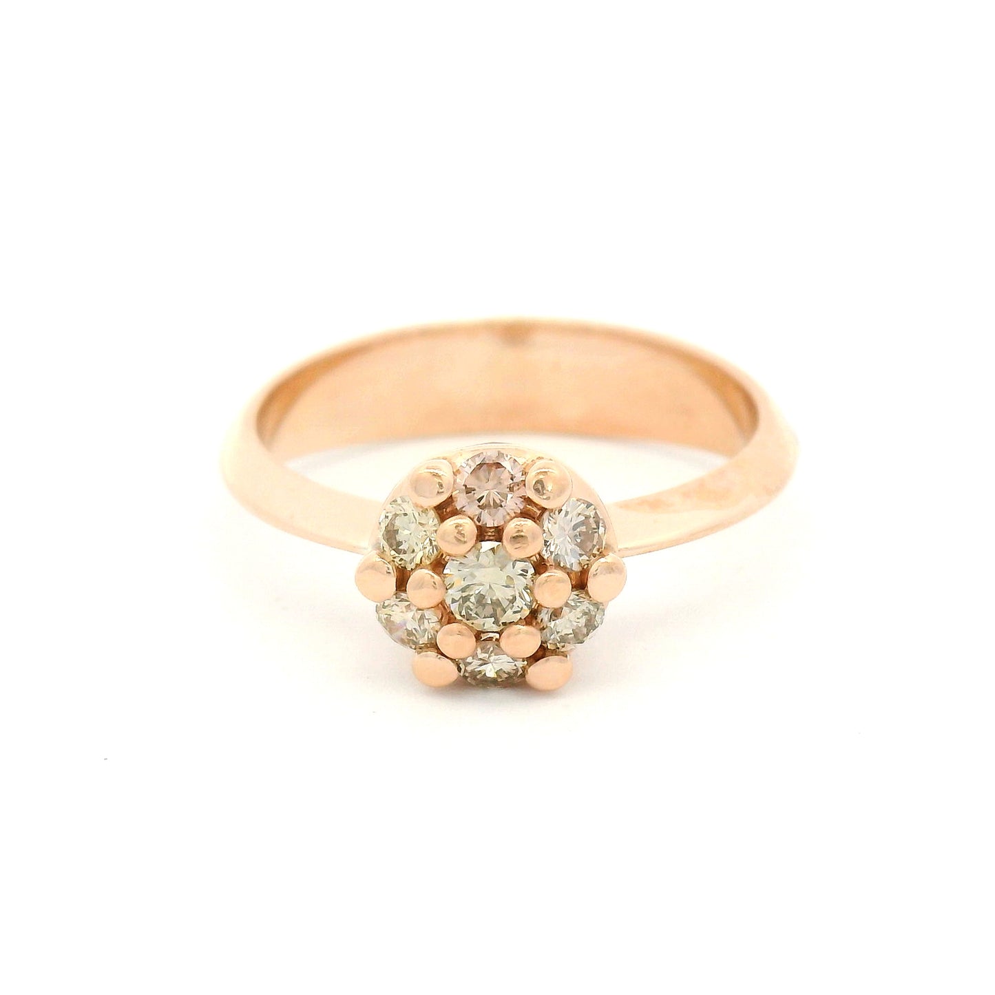 14K rose gold engagement ring with a floral-inspired cluster of seven claw-set round brilliant champagne-coloured diamonds measuring just over 7mm.