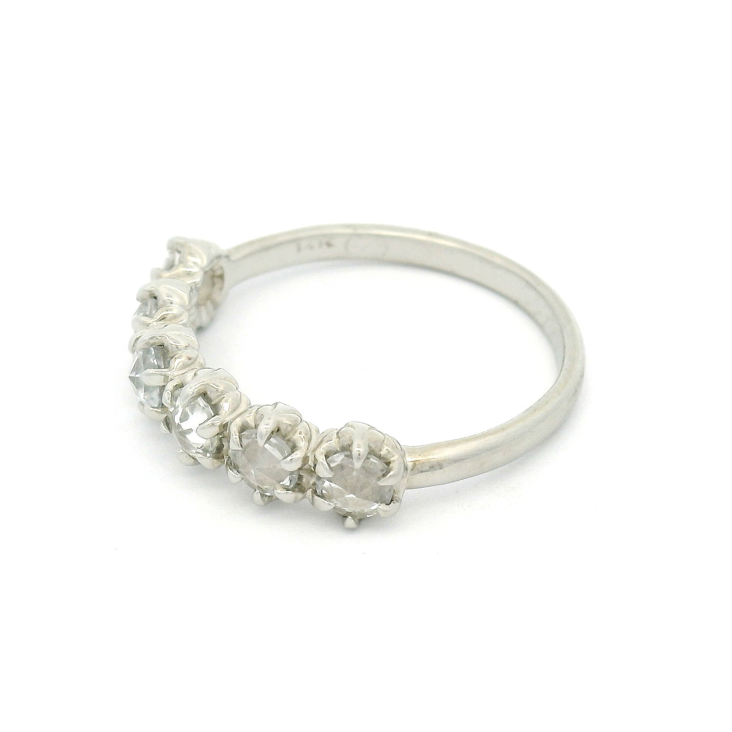 14K white gold six-stone band with six claw-set 3.5mm round rose-cut white sapphires on a softly domed 2mm band.