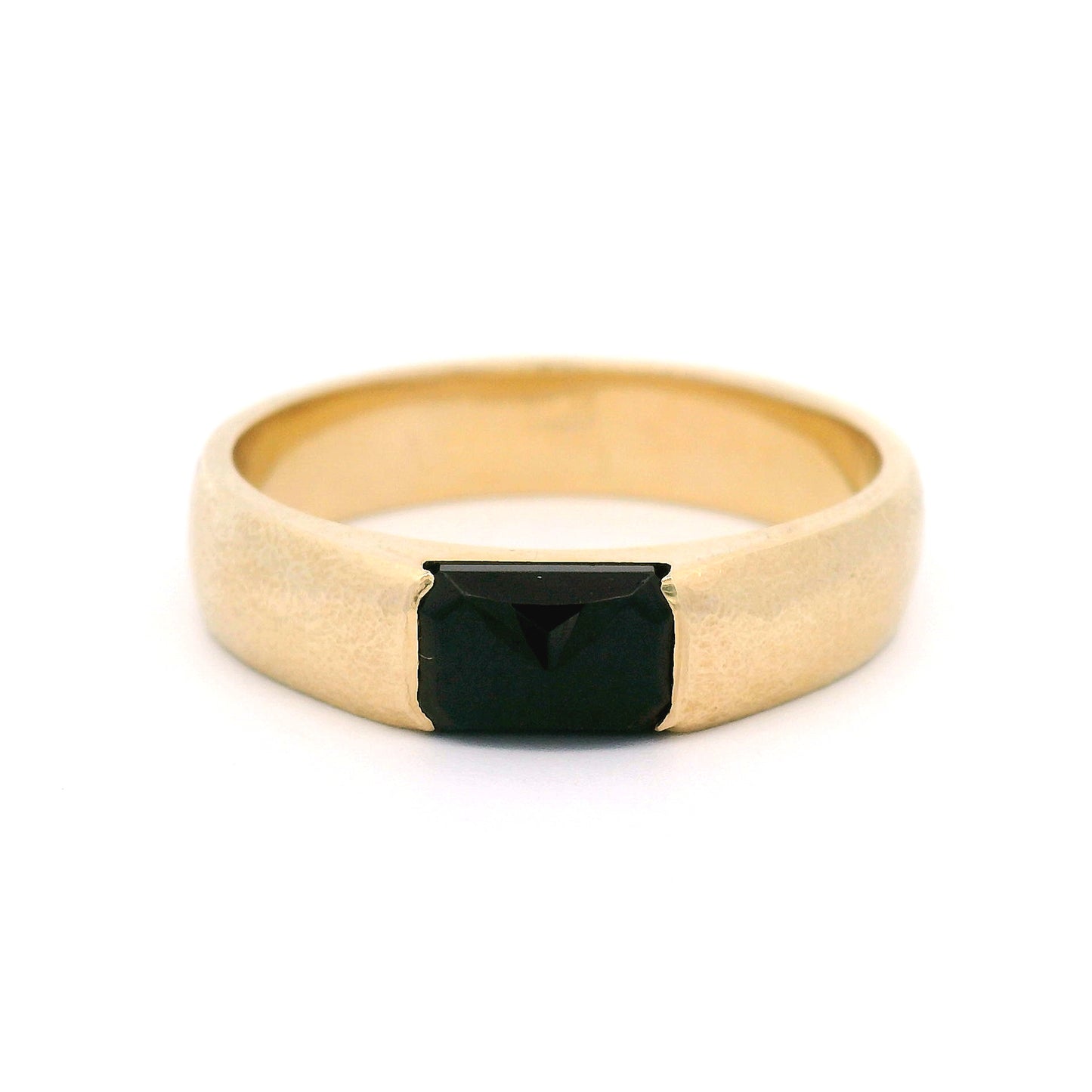 10K yellow gold 4.5mm textured band with half bezel-set 0.95ct rose-cut black spinel.
