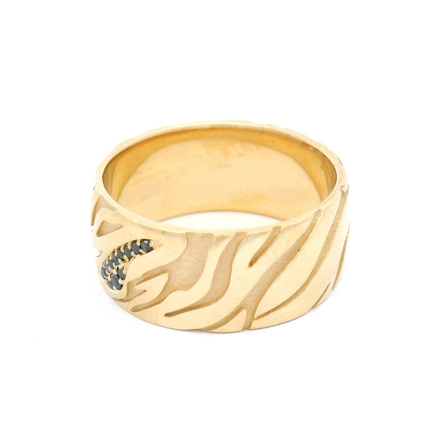 14k Yellow Tiger Patterned Wide Band with Bead-Set Black Diamonds