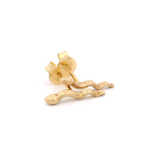 14K yellow gold carved snake stud earrings measuring approximately 12mm long with detailed sculpted serpent design.