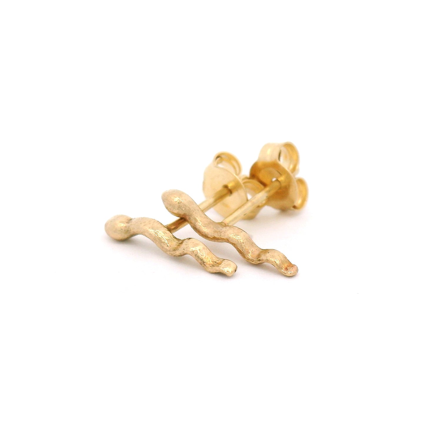 14K yellow gold carved snake stud earrings measuring approximately 12mm long with detailed sculpted serpent design.