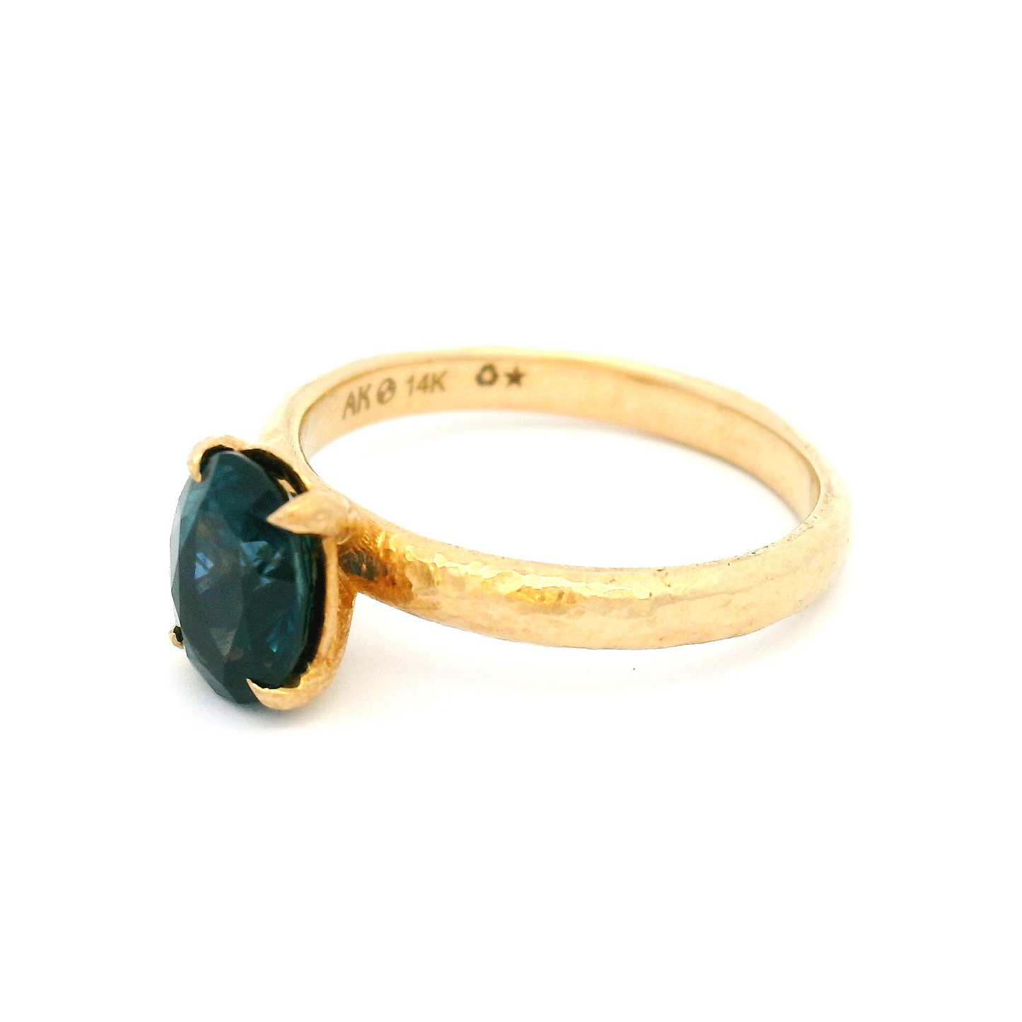 14K Yellow Textured Solitaire with Oval 6mm x 8mm Montana Blue Sapphire