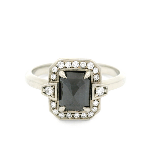 14k White Ring with 1.09ct Rose Cut Black Diamond and Accent Deco Diamond Halo