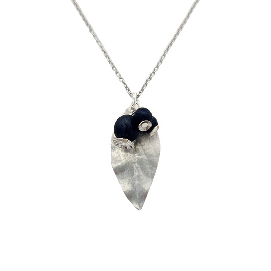 Sterling Silver Medium Blueberry Leaf & Blue Beads Necklace