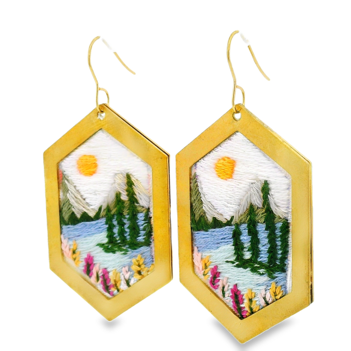 Hand Embroidered Hexagon Landscape Earrings
