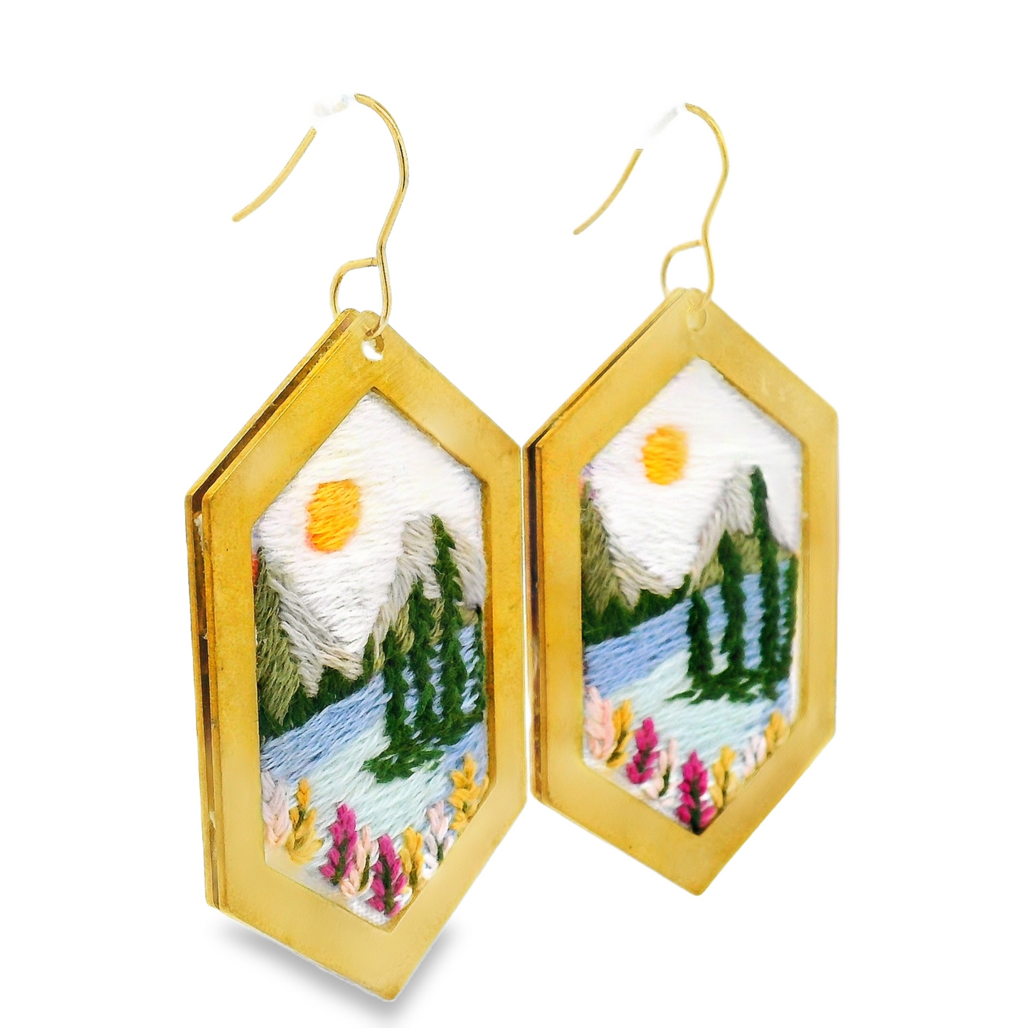 Hand Embroidered Hexagon Landscape Earrings