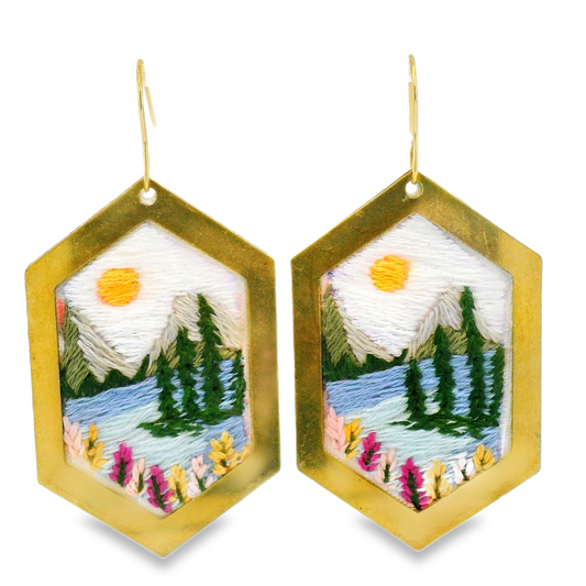 Hand Embroidered Hexagon Landscape Earrings