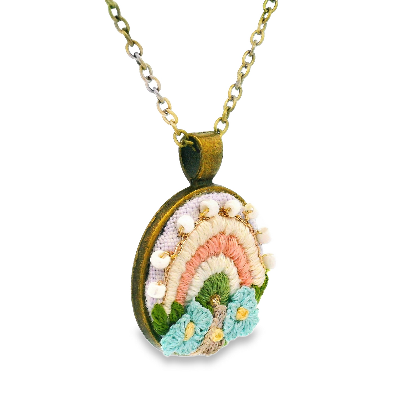 Hand Embroidered Pastel Rainbow Pendant