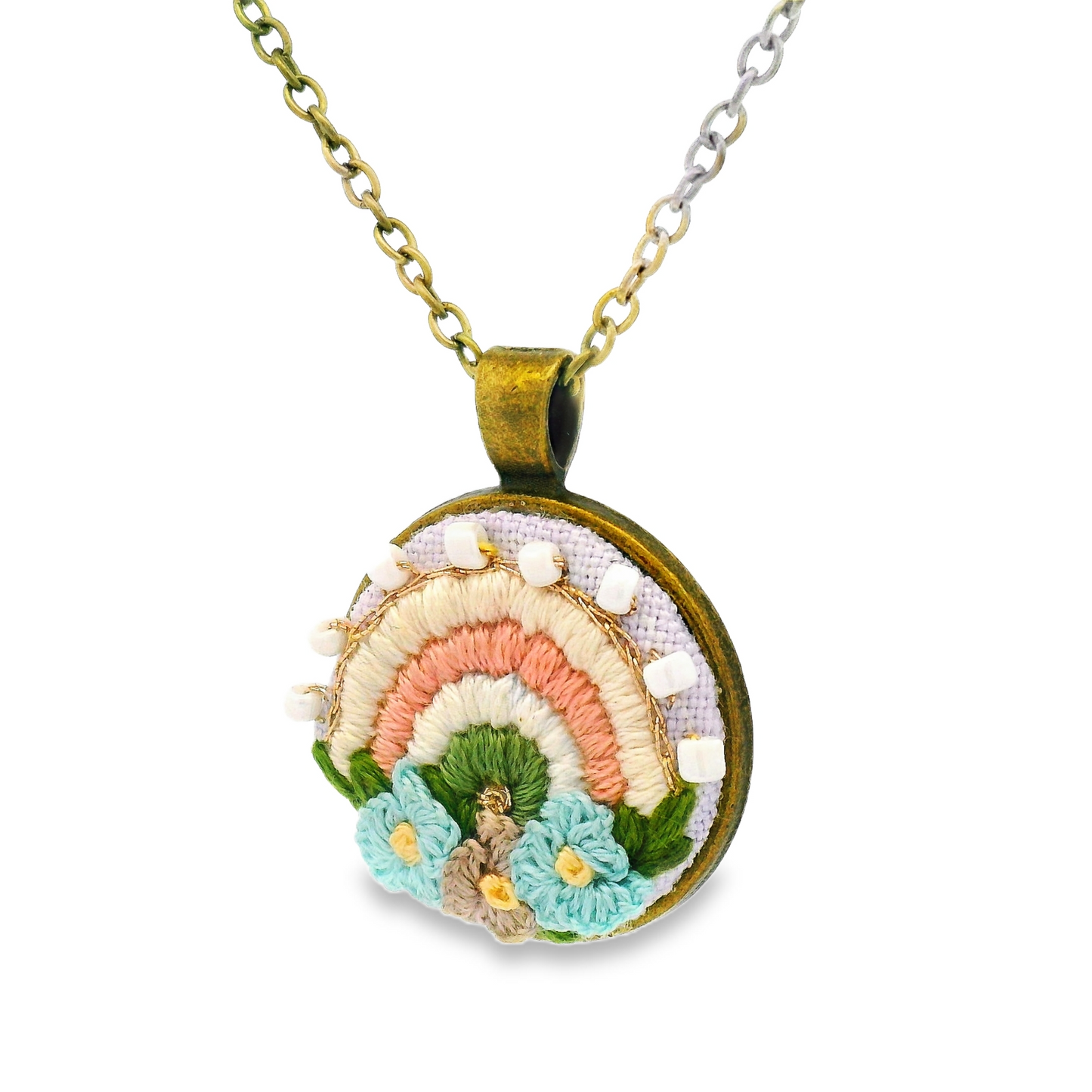 Hand Embroidered Pastel Rainbow Pendant