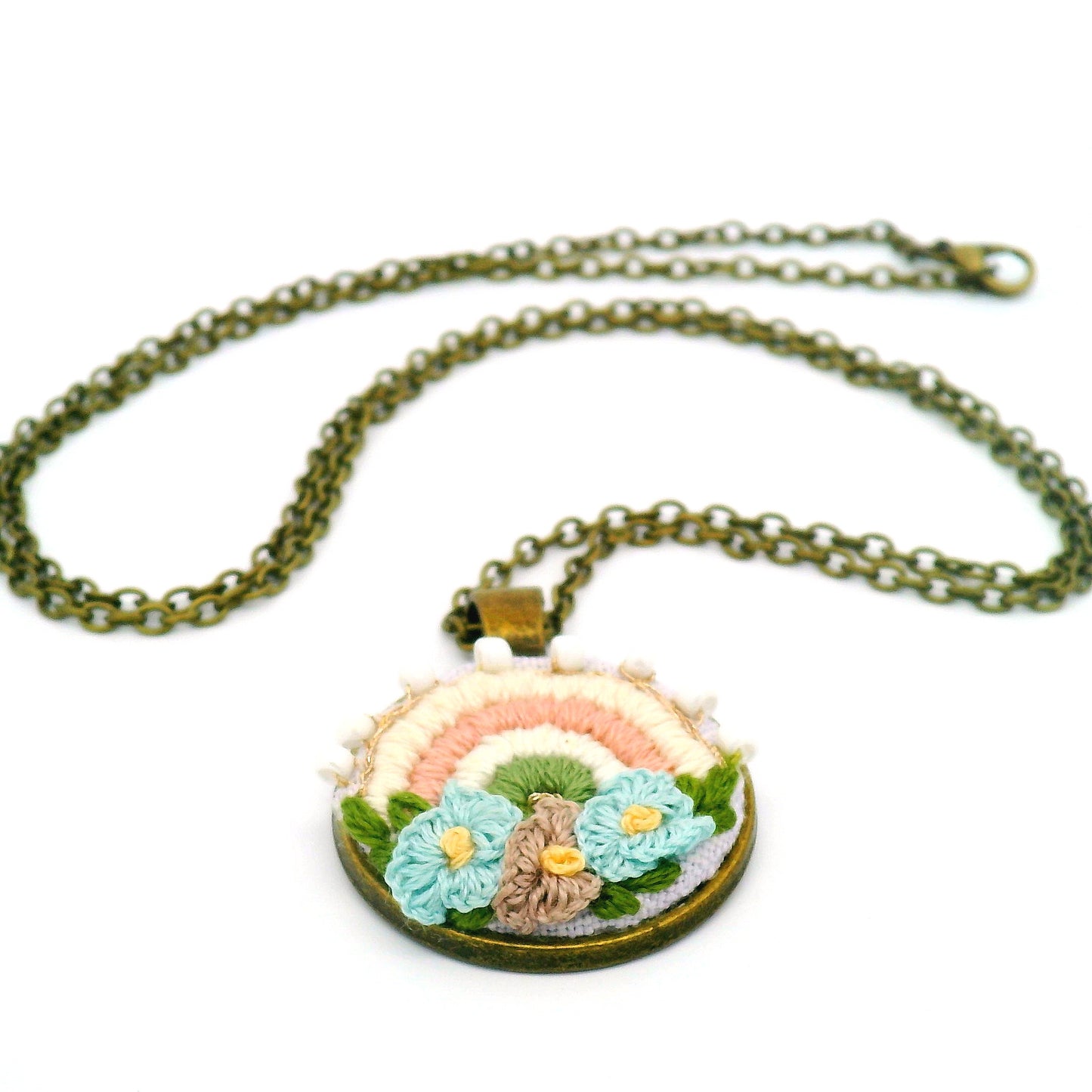 Hand Embroidered Pastel Rainbow Pendant