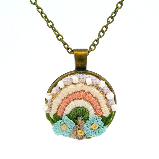 Hand Embroidered Pastel Rainbow Pendant