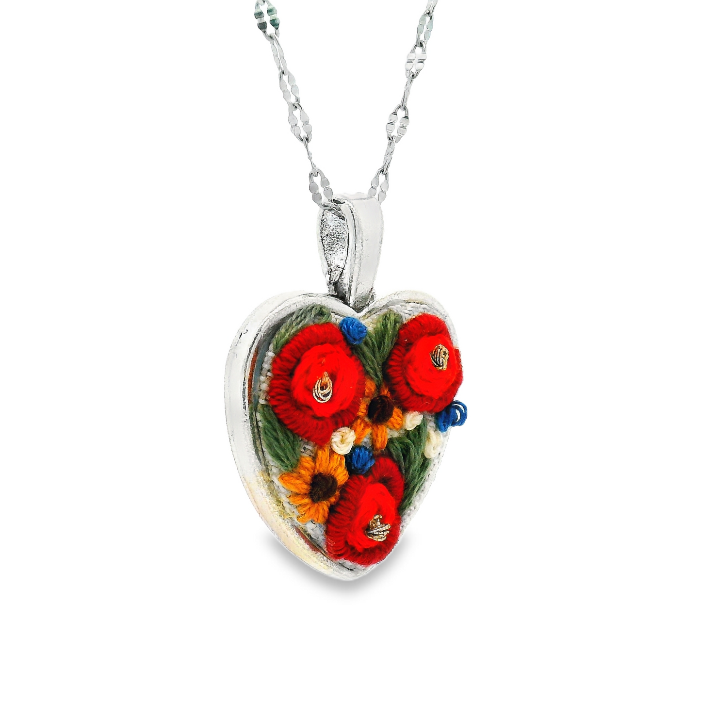 Hand Embroidered Flower Bouquet Heart Pendant