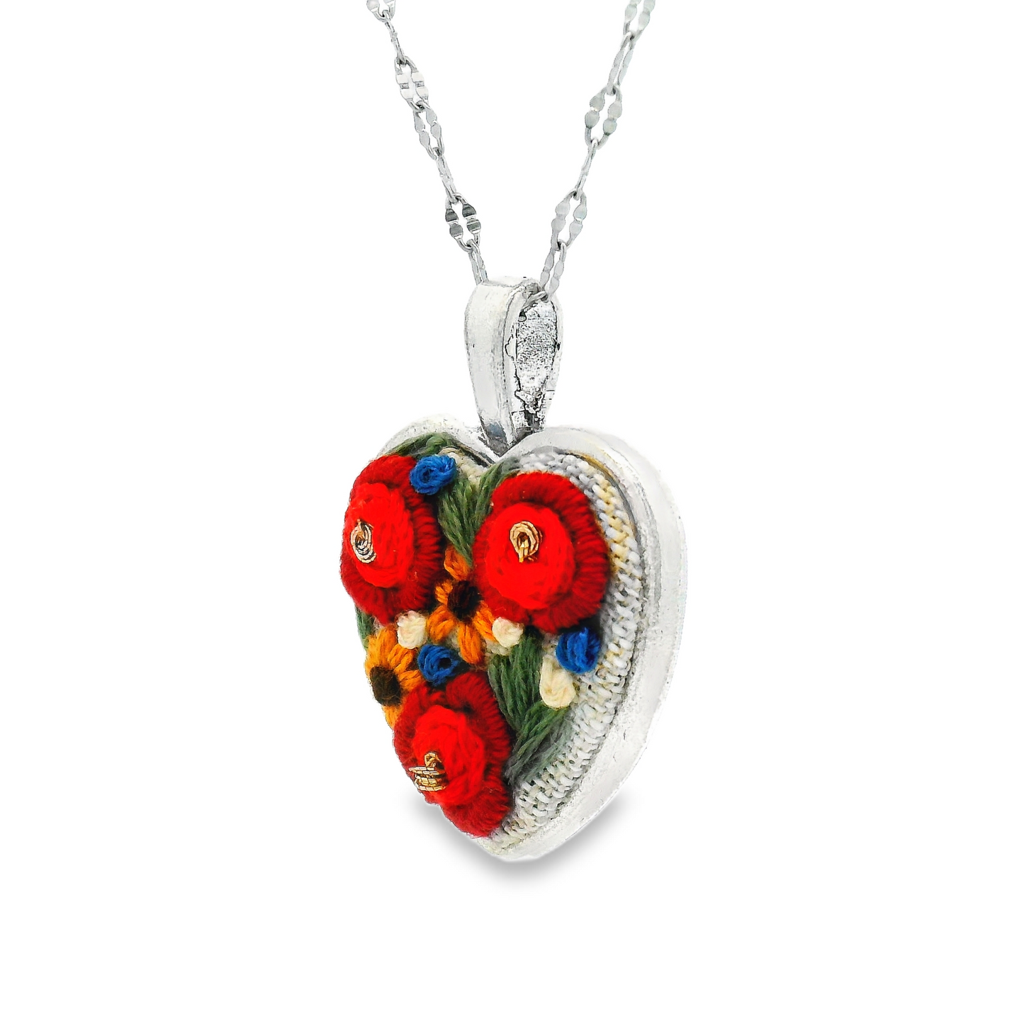 Hand Embroidered Flower Bouquet Heart Pendant