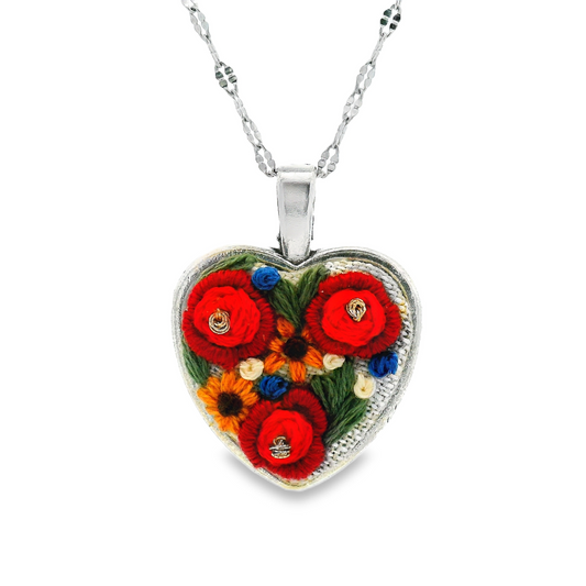 Hand Embroidered Flower Bouquet Heart Pendant