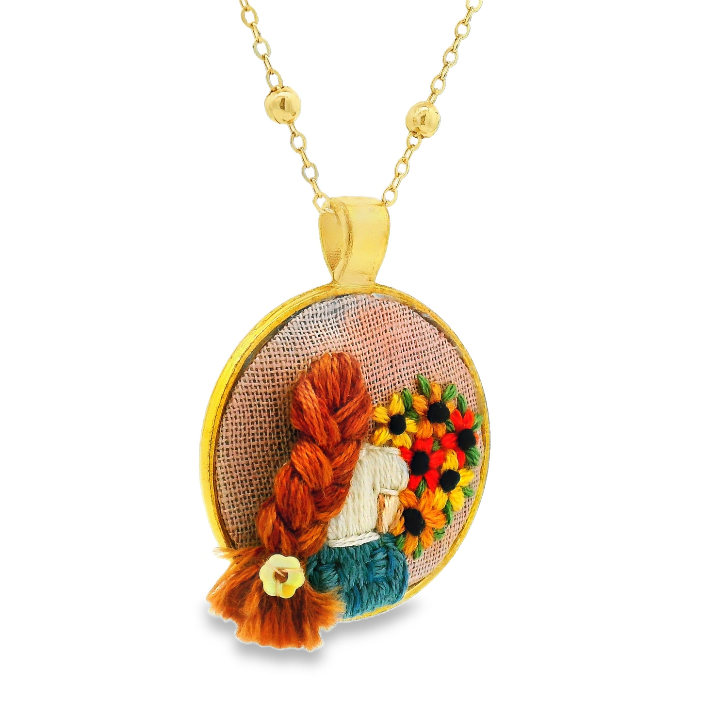 Hand Embroidered Sunflower Portrait Pendant