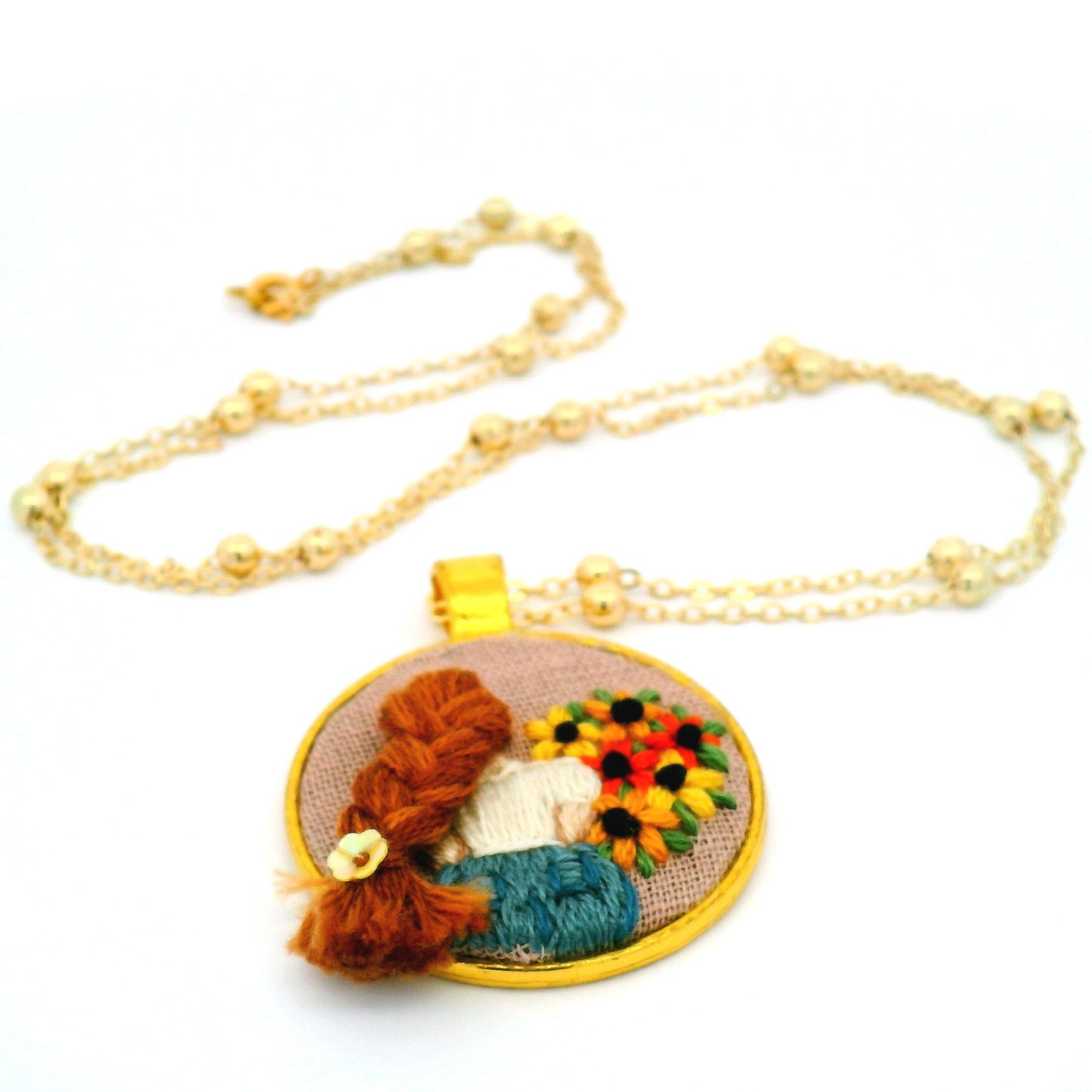 Hand Embroidered Sunflower Portrait Pendant