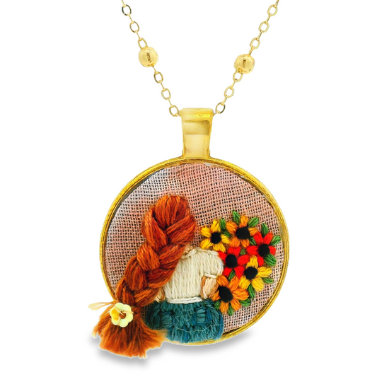 Hand Embroidered Sunflower Portrait Pendant