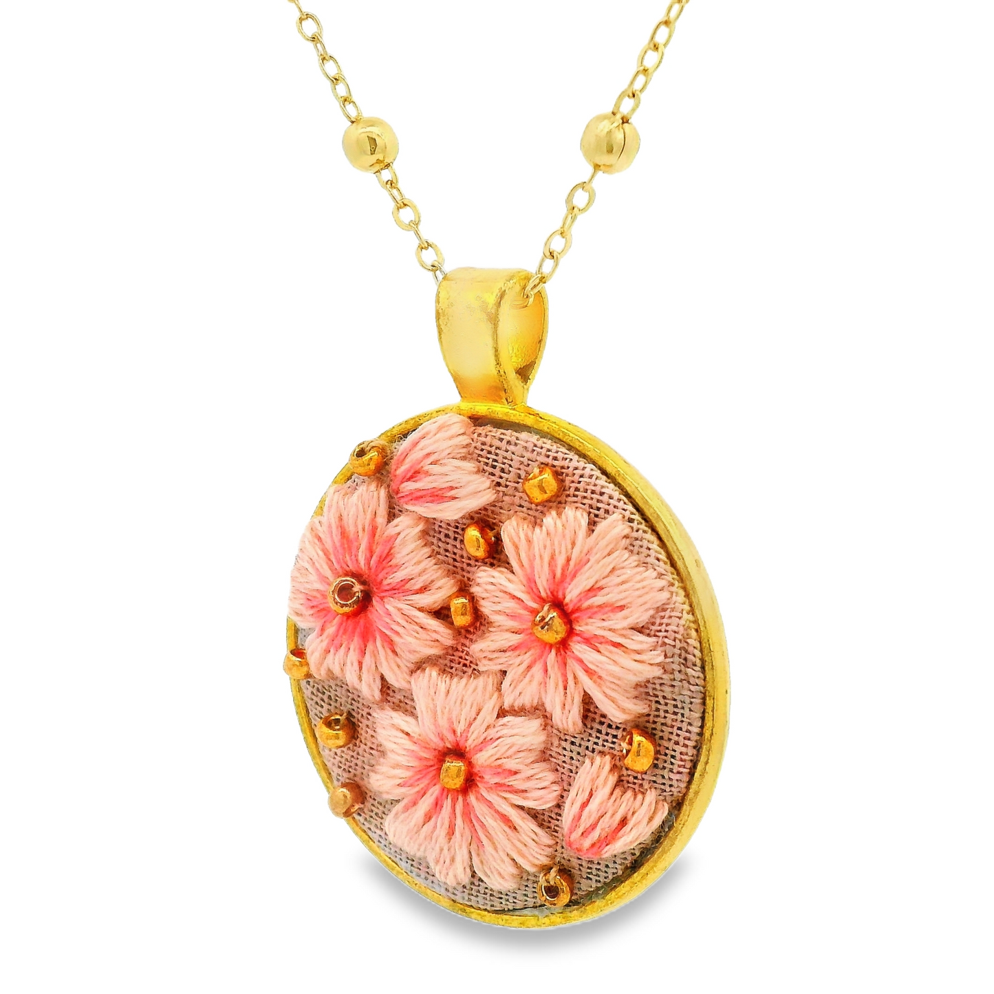 Hand Embroidered Pink Floral Pendant