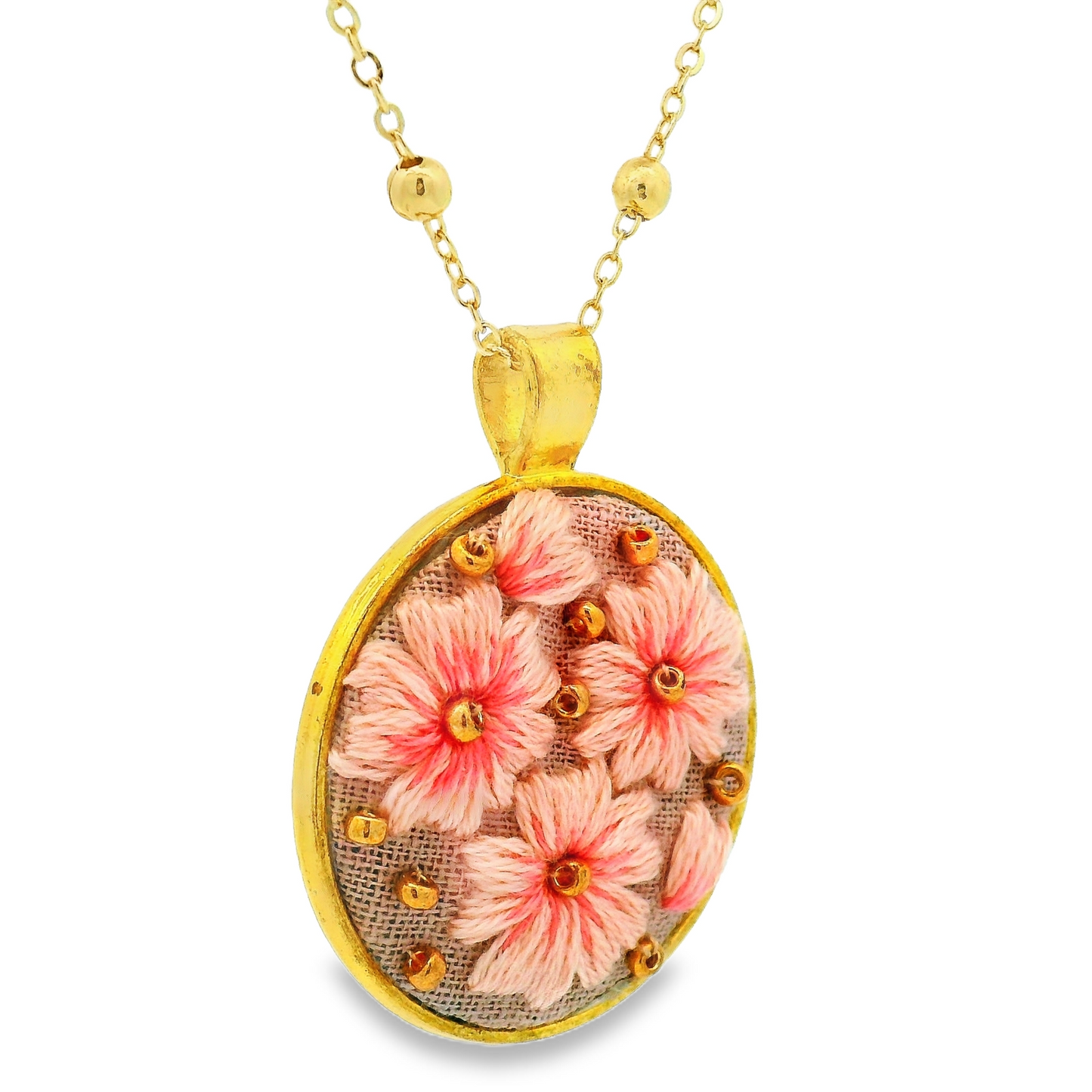 Hand Embroidered Pink Floral Pendant