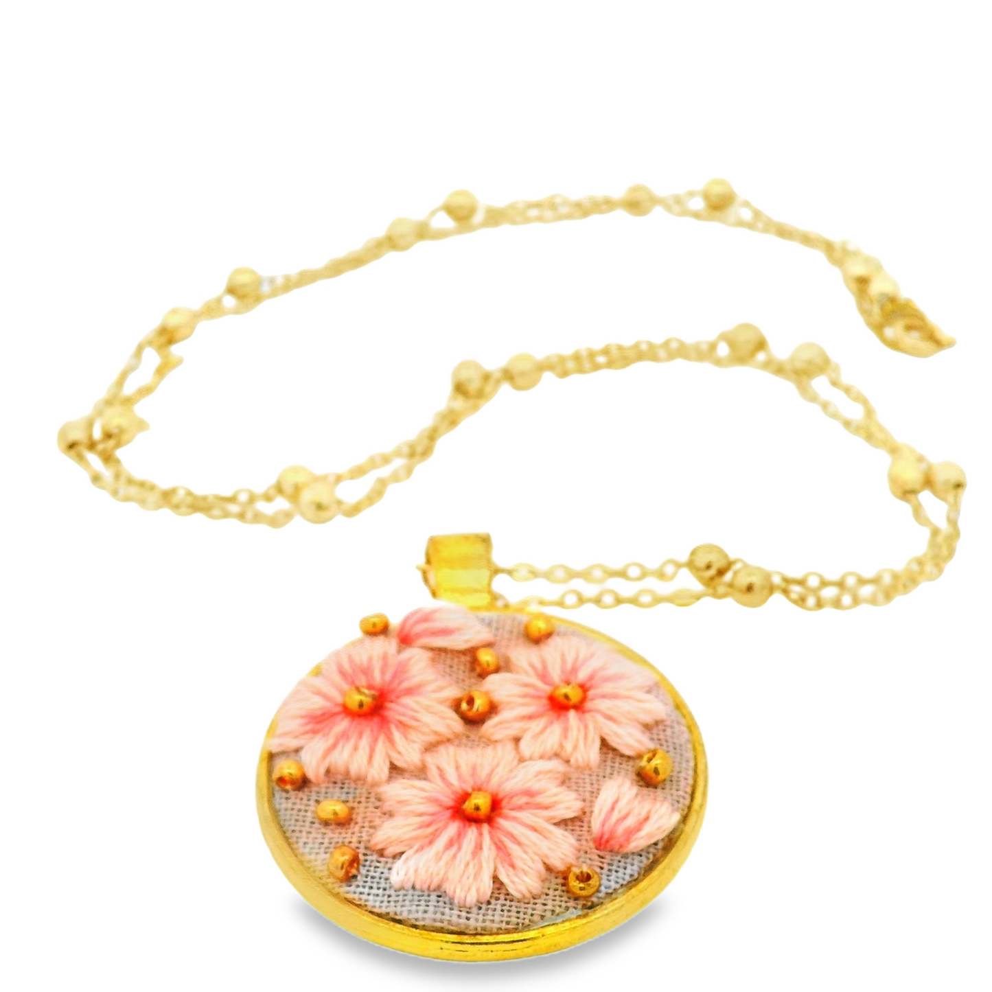 Hand Embroidered Pink Floral Pendant