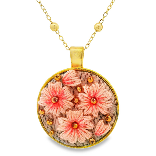 Hand Embroidered Pink Floral Pendant