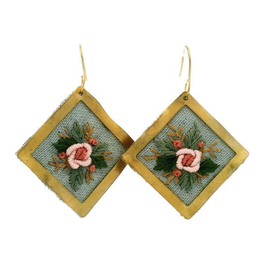 Square Pink Rose Earrings