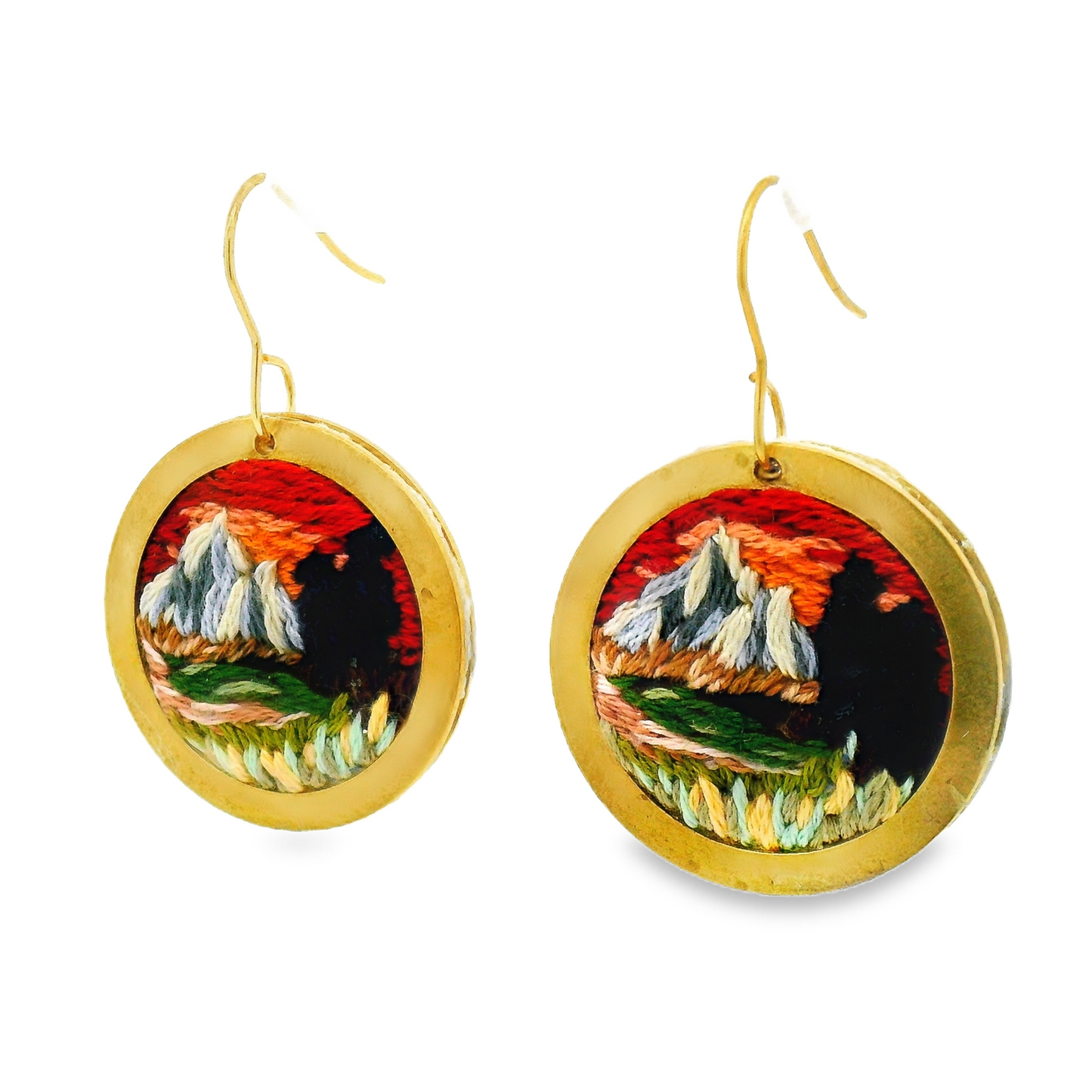 Hand Embroidered Sunset Landscape Mountain Earrings