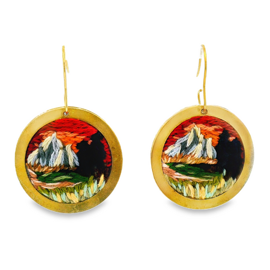 Hand Embroidered Sunset Landscape Mountain Earrings