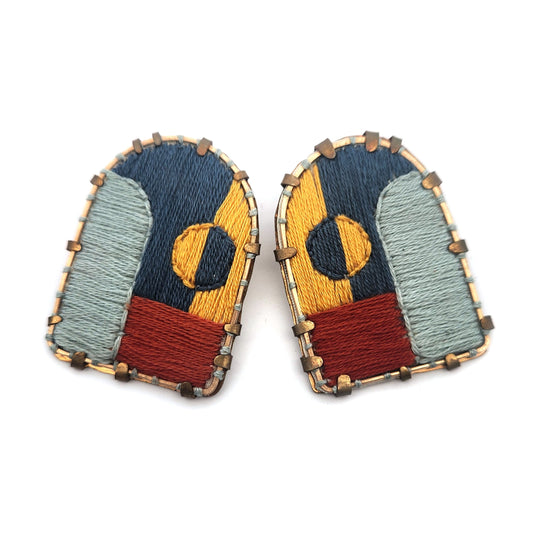 Textile Fabric Blue, Yellow, Red Arch Earrings