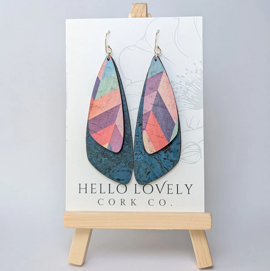 Large Pink herringbone and Teal Double Cork Wing Earring