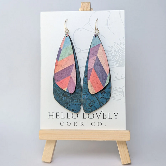 Large Pink herringbone and Teal Double Cork Wing Earring
