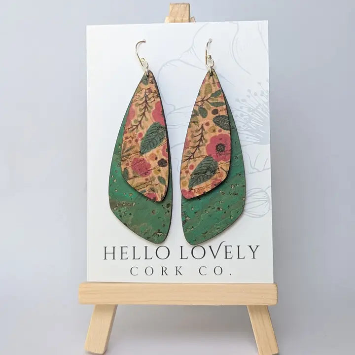 Large Green and Floral Double Cork Wing Earring