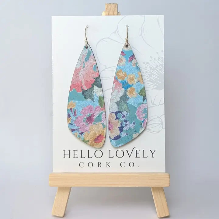 Large blue floral Cork Earrings - Wing
