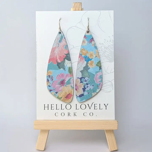 Large blue floral Cork Earrings - Wing