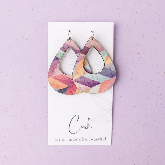 Large Pink Herringbone Cork Earrings - Teardrop