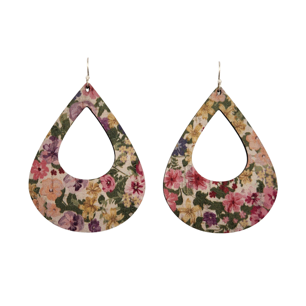 Large Pink & Green Floral Teardrop Cork Earrings