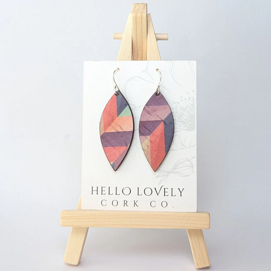 Medium Pink Herringbone Cork Earrings - Leaf