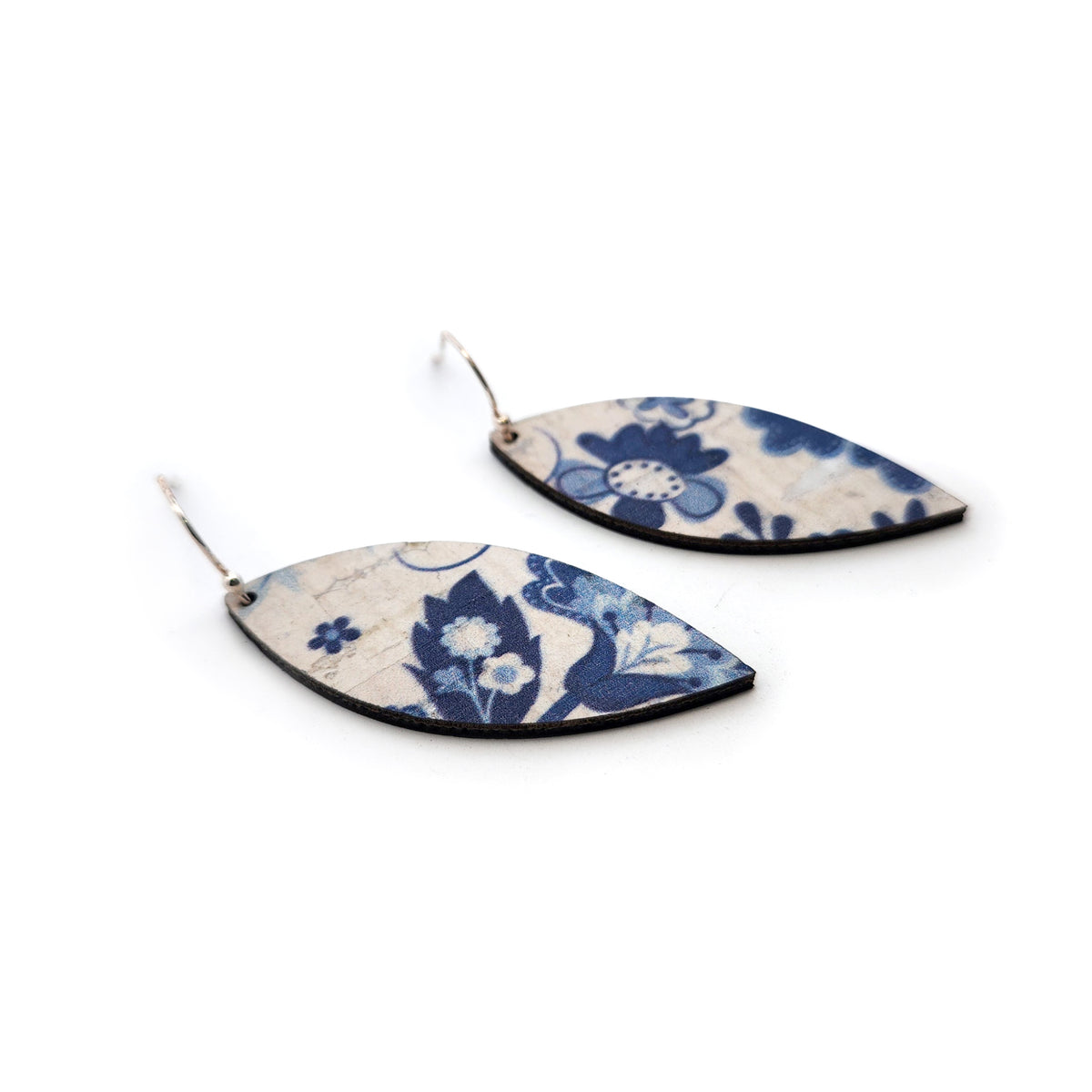 Medium Blue Floral Leaf Cork Earrings