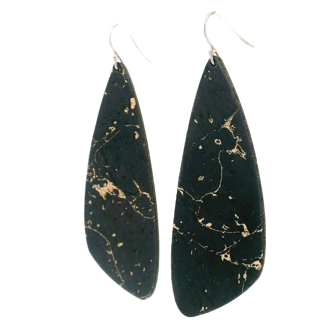 Large Dark Navy Gold Wing Cork Earrings