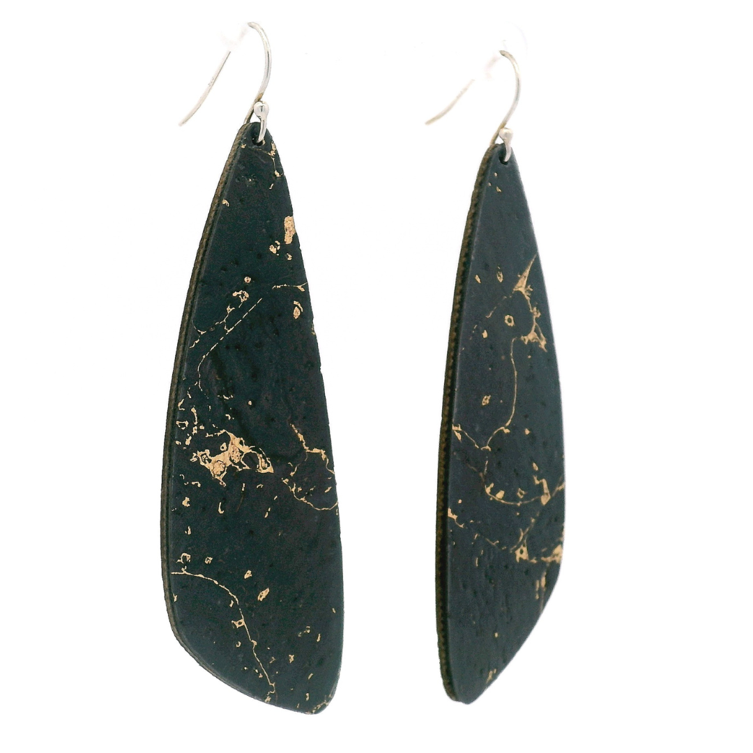 Large Dark Navy Gold Wing Cork Earrings