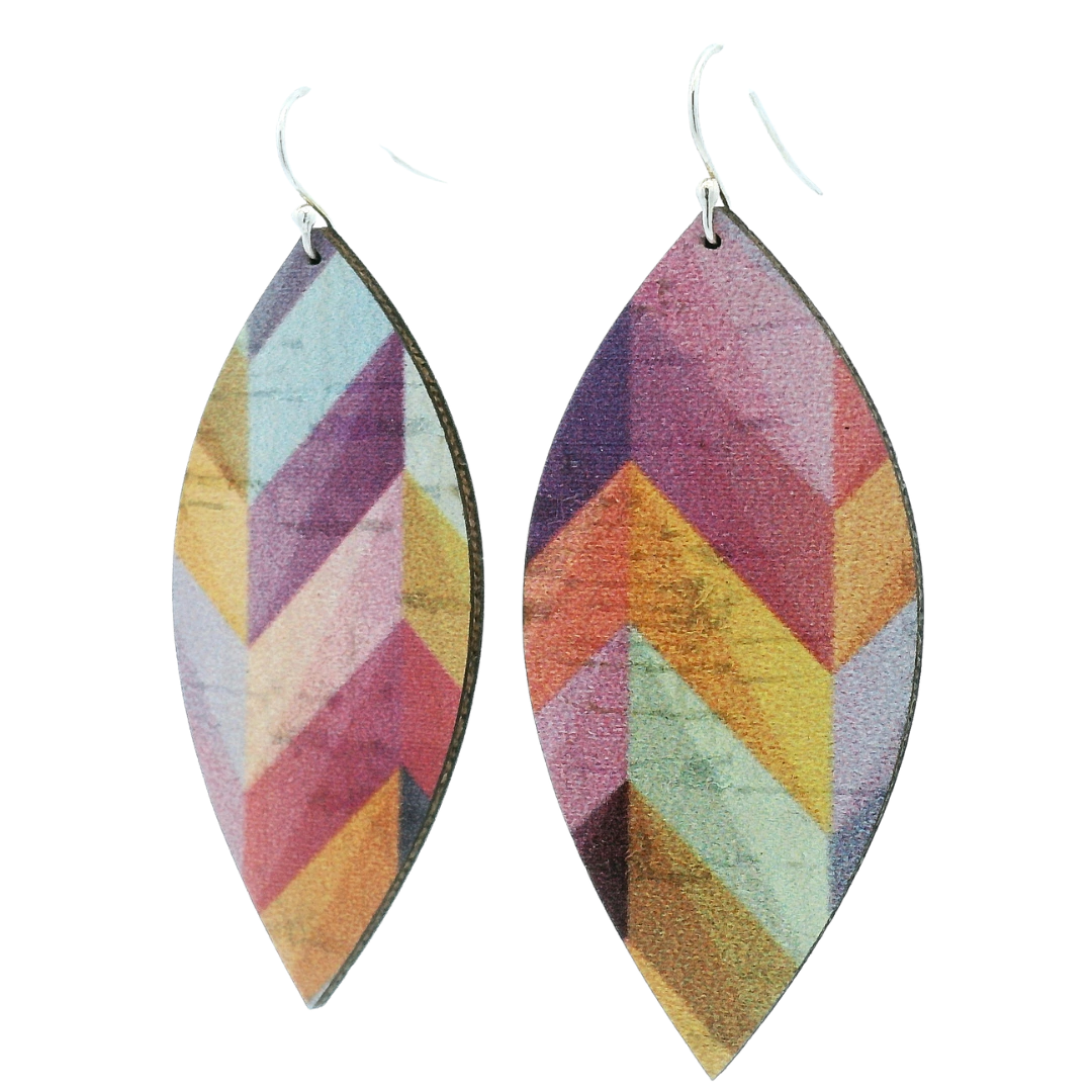 Large Pink Herringbone Leaf Cork Earrings