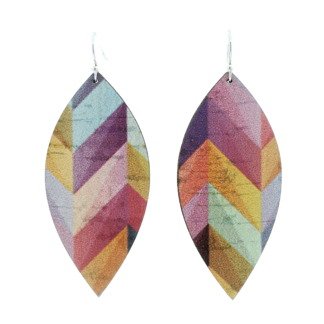 Large Pink Herringbone Leaf Cork Earrings