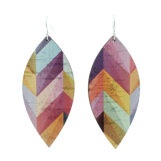 Large Pink Herringbone Leaf Cork Earrings