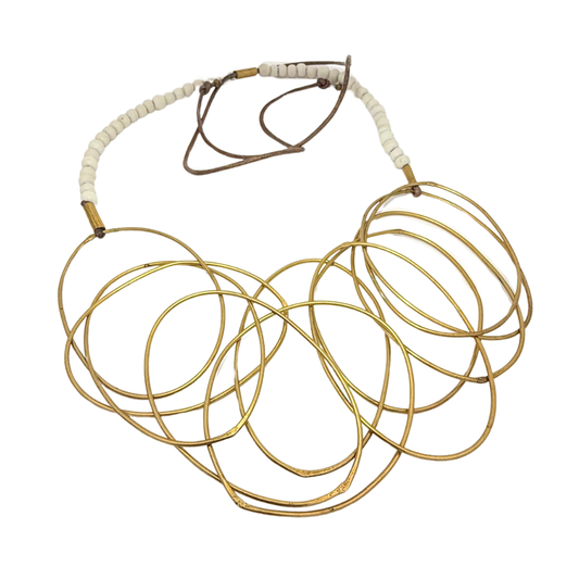 White Beaded Necklace with Organic Brass Rings