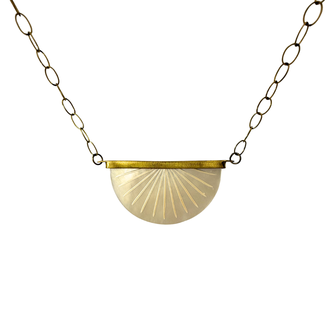 Half-Circle Mother of Pearl Carved Sunburst Necklace
