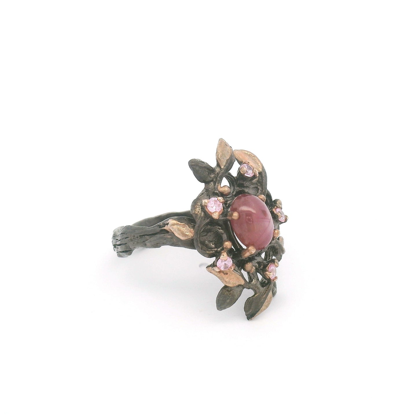 Oval Cabochon Ruby and Pink Sapphire Floral Branch Ring