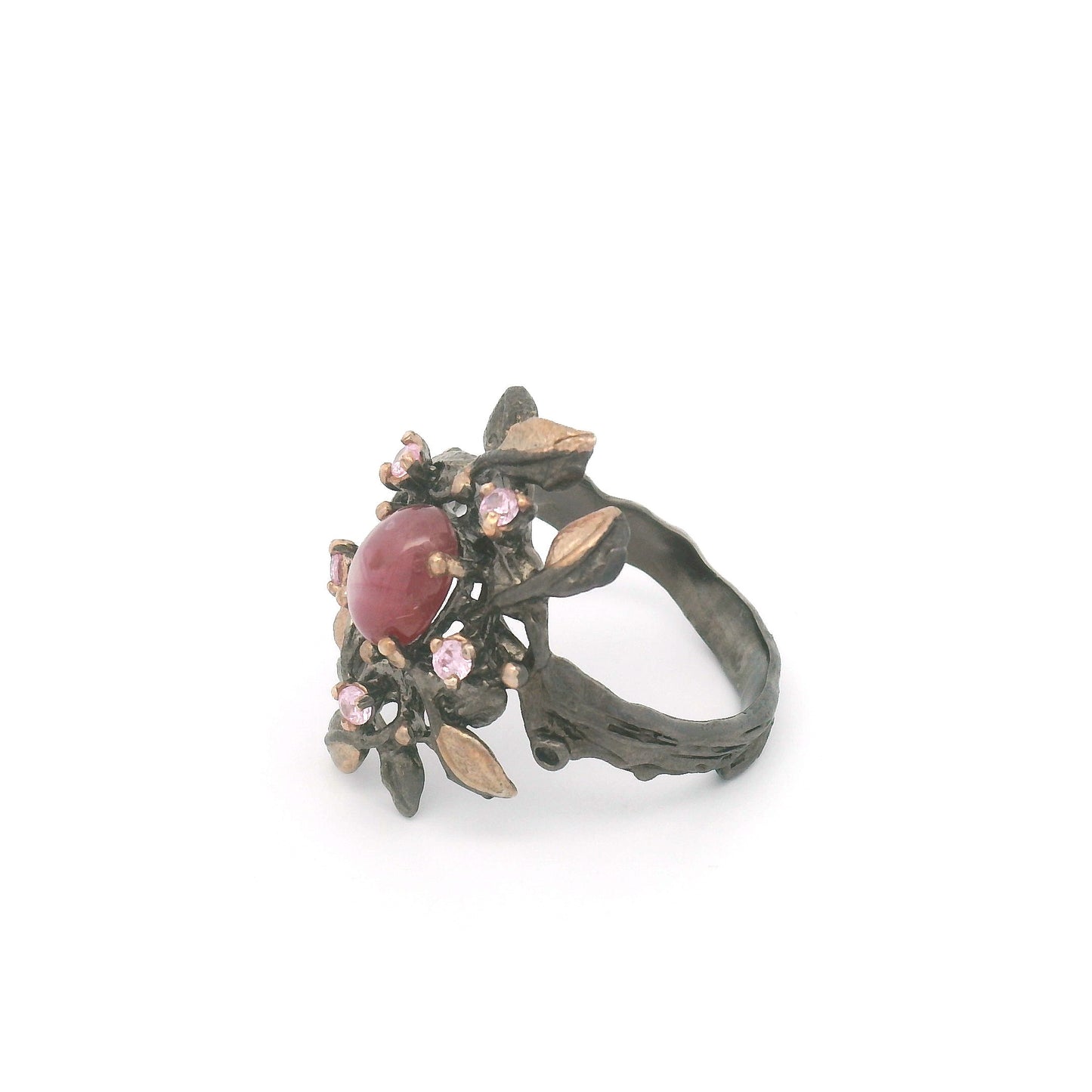 Oval Cabochon Ruby and Pink Sapphire Floral Branch Ring