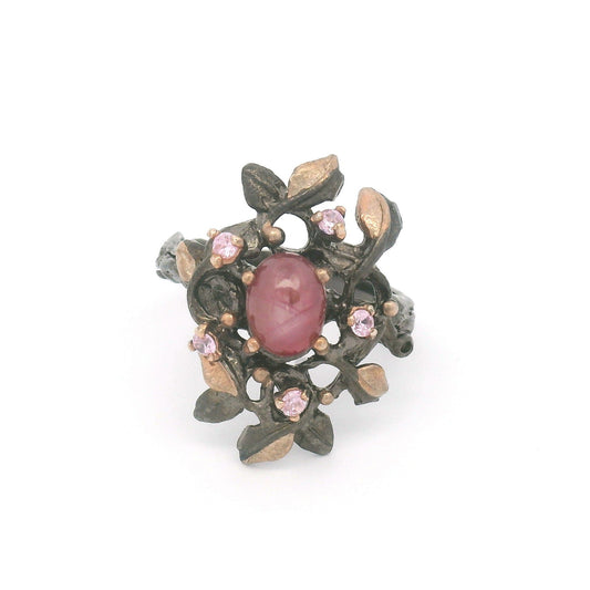 Oval Cabochon Ruby and Pink Sapphire Floral Branch Ring